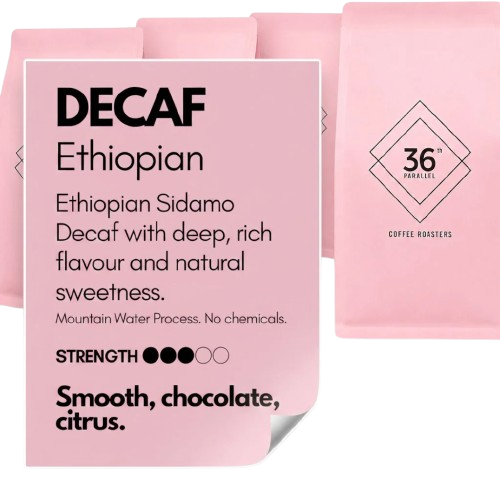 36th Parallel Coffee  - ETHIOPIAN - DECAF BEANS - 4 PACK of 250 g